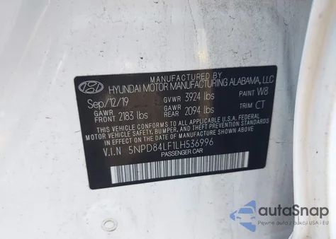 2020 Hyundai Elantra Value Edition z USA, uszkodzony, nr VIN 5NPD84LF1LH536996